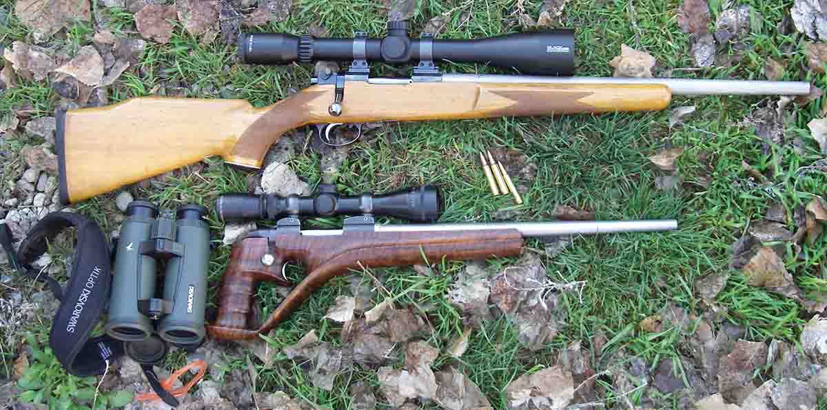 The 6mm-204 RR is suitable for either a bolt-action or single-shot pistol or rifle.  Velocities with 15- (pistol) and 18½-inch rifle barrels were impressive. The rifle is a custom Sako L-469 action with a Bullberry Barrel Works barrel. The pistol is a Sako 461 on a custom stock and fitted with a Burris 3-12x scope.